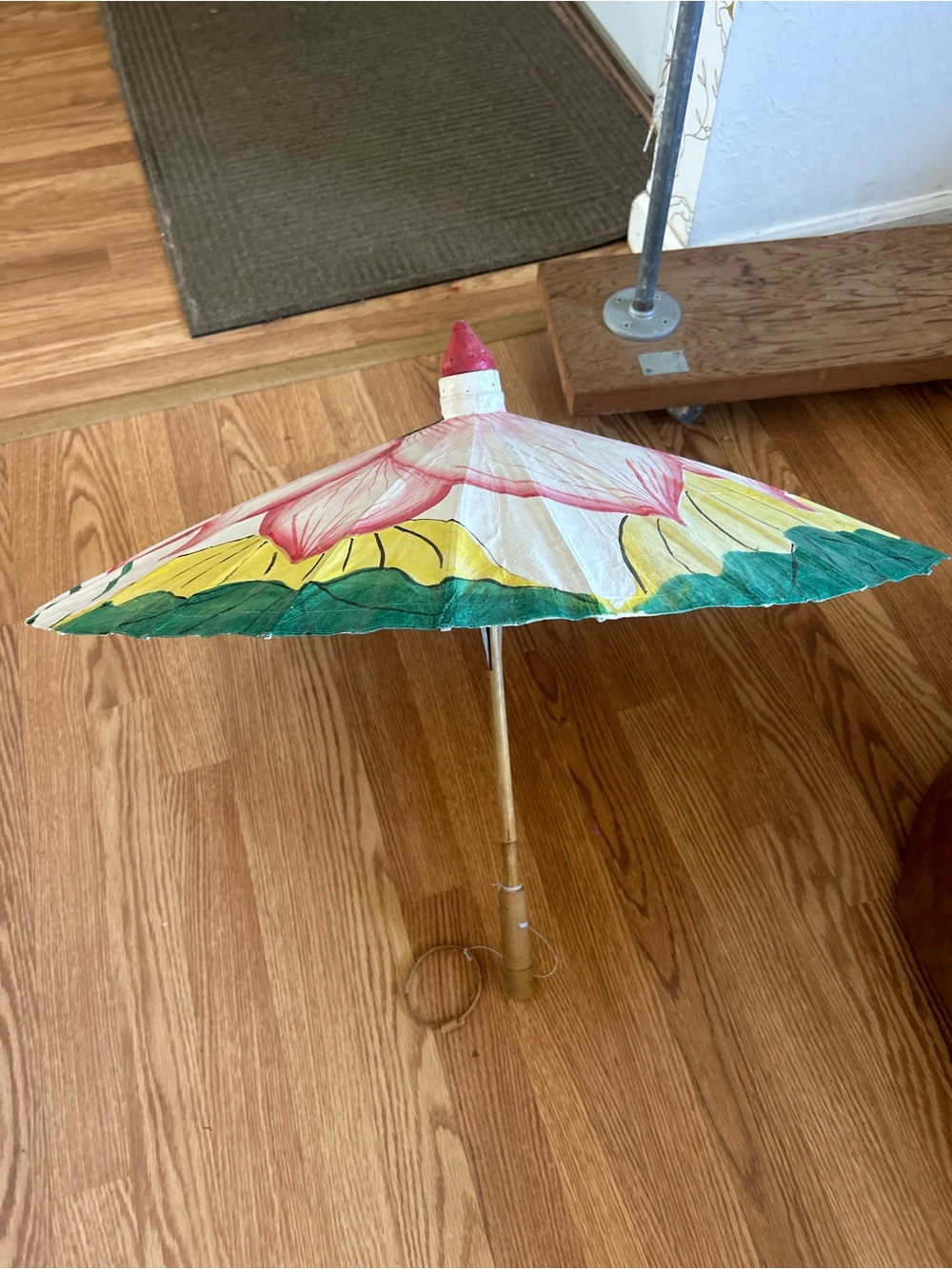 Vintage unique Hand-Painted Floral Paper Parasol - Yellow, Green, Pink 30”